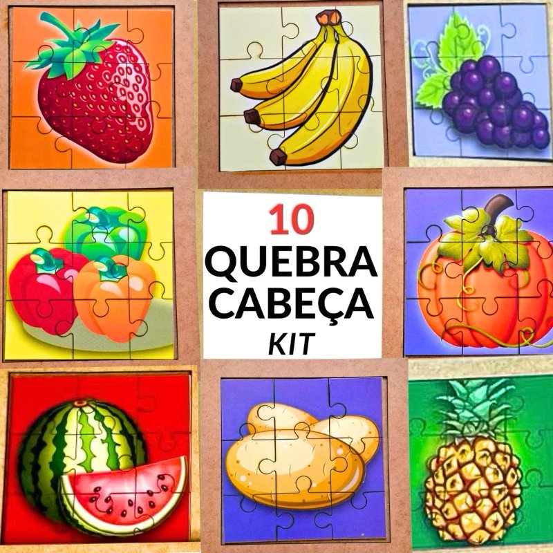 Kit 10 Quebra Cabeça Mdf 9 Peças Jogo Pedagógico Ludico Frutas Legumes