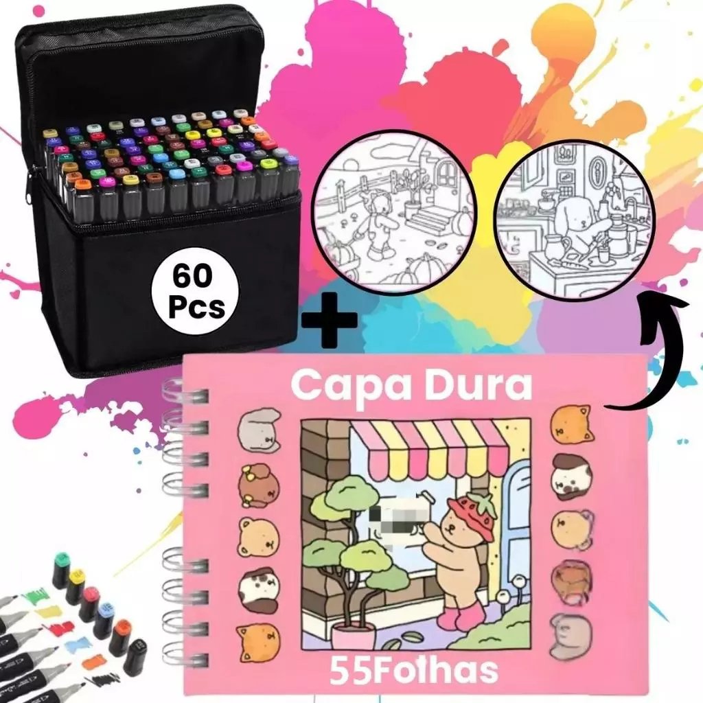 Kit Livro de Colorir Bob Good 55 Folhas + Canetinhas Ponta Dupla Marca Texto 12/24/36/60