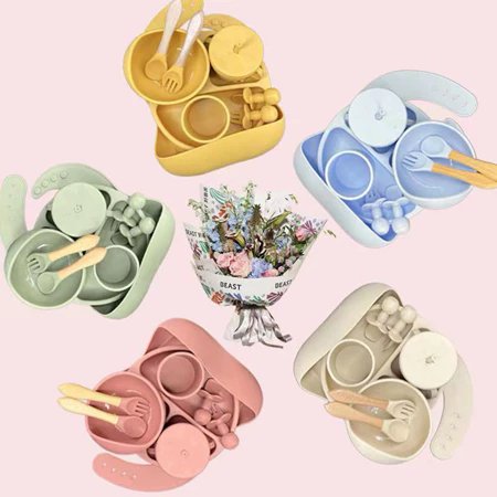 kit 8 Peças Talheres alimentação bebê silicone kit Talheres Infantil Com Ventosa Canudo Colher Babador Garfo